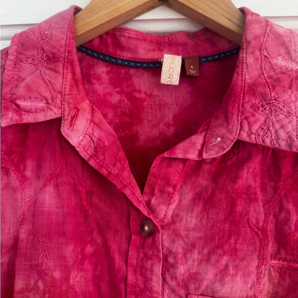 Anthropologie Pilco Fuschia Embroidered Floral Button Down Shirt